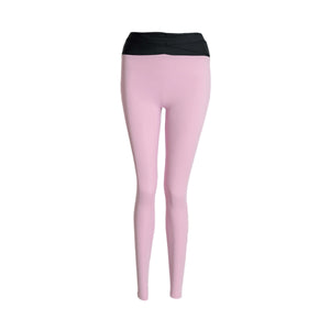 Flat lay front product image of YOGASANA Aurora Ballerina Dual Tone Leggings in Daylight Paris pink with black waistband, showing crossover waist detail and smooth matte texture.
