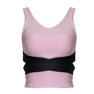 Aurora Ballerina Dual Tone Sports Bra in Daylight Paris pink and black, front view on white background.