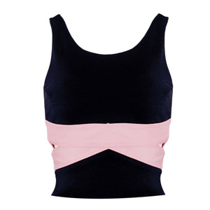 Flat lay of YOGASANA Aurora Ballerina Dual Tone Cross Back Sports Bra in black and blush pink.