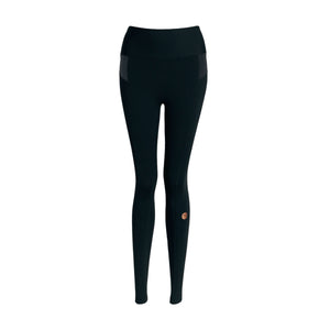 Front product image of YOGASANA Brandi Minimalist Leggings in Midnight New York black with grey contrast panels, showing high-waisted streamlined design.