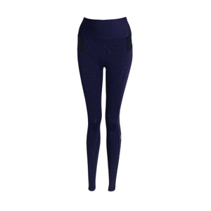 Flat lay front product image of YOGASANA Brandi Minimalist Leggings in Misty London blue with black contrast side pockets, showing sculpting high-rise fit and smooth finish.