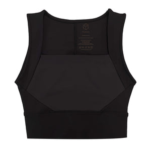 Flat lay front product image of YOGASANA Brandi Minimalist Diamond Cut Square Neck Sports Bra in Midnight New York black, showing structured square neckline and inner label details.
