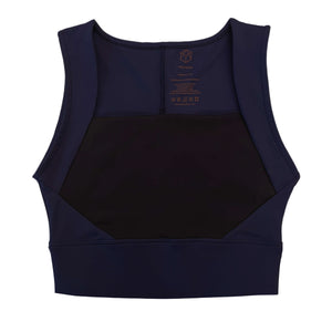 Front view product image of YOGASANA Brandi Minimalist Diamond Cut Square Neck Sports Bra in Misty London blue with black contrast panel.