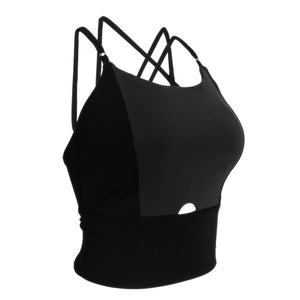 Flat lay front product image of YOGASANA Cassie Cross-Back Performance Sports Bra in Midnight New York black with grey touch, showing sleek minimalist contour and front keyhole detail.