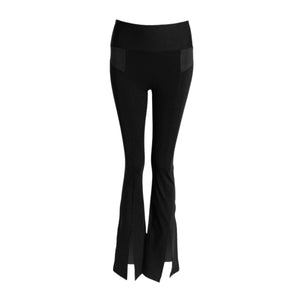 lat lay front product image of YOGASANA Cassie Performance Flared Leggings in Midnight New York black with grey touch, showing sleek flare-cut hem and dual-pocket high waist design.