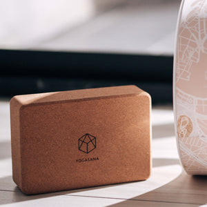 YOGASANA Classic Cork Yoga Block 85D (Single) displayed beside Urban Portrait Yoga Wheel under natural light