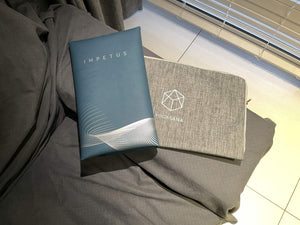 IMPETUS 2mm Pilates Reformer Mat with matching grey YOGASANA pouch - Navy Blue Edition flatlay