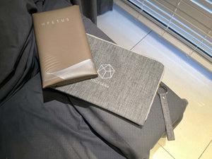 IMPETUS 2mm Pilates Reformer Mat with matching grey YOGASANA pouch - Desert Edition flatlay