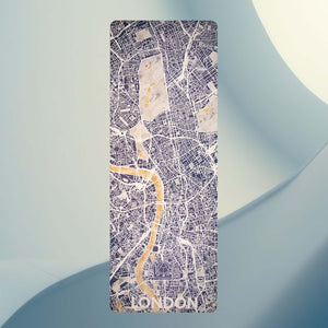 Top view of Yogasana Urban Portrait 1mm Soft-touch Yoga Mat in Misty London design showing detailed London map and river pattern.