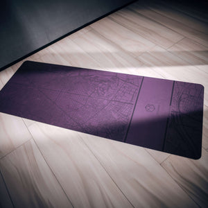 YOGASANA Urban Sketch Yoga Mat in Glamorous Barcelona purple, featuring detailed Barcelona city map pattern on natural rubber surface.