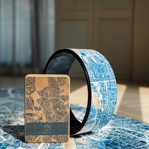 YOGASANA Cork Yoga Block 85D (Single) - Misty London Edition close-up with matching yoga wheel