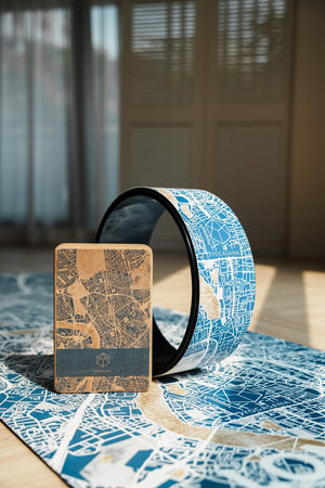 YOGASANA Cork Yoga Block 85D (Single) - Misty London Edition close-up with matching yoga wheel