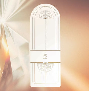 Flat lay of YOGASANA Lumiere Sundial 4mm Half-Round Natural Rubber Yoga Mat in white with golden alignment pattern, inspired by sunlight and architectural geometry.