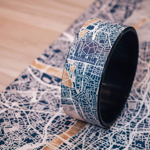 Close-up of Yogasana Urban Portrait Yoga Wheel – Misty London, elegant blue map design with premium finish.