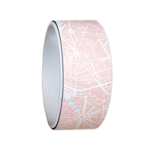 Front view of Yogasana Urban Portrait Yoga Wheel in Daylight Paris design featuring soft pink map pattern.