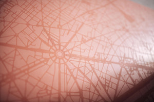 Macro detail of the Urban Sketch Yoga Mat – Daylight Paris, showing Paris street map pattern including the Arc de Triomphe and Champs-Élysées.