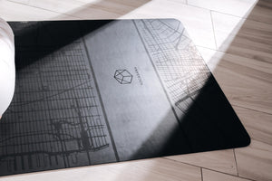 Detailed view of the Urban Sketch Natural Rubber Yoga Mat – Midnight New York, showcasing the city map lines and smooth anti-slip surface.