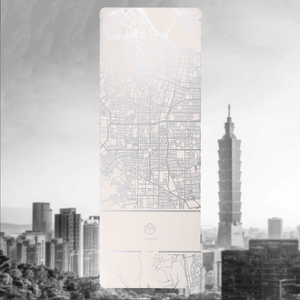 Close-up of the Urban Sketch “About Taipei” yoga mat featuring a detailed map of Taipei and premium natural rubber texture.