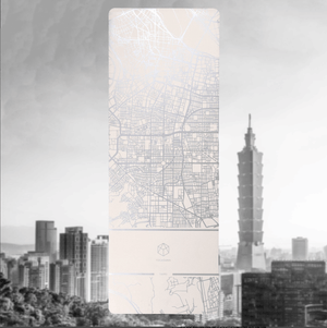 Close-up of the Urban Sketch “About Taipei” yoga mat featuring a detailed map of Taipei and premium natural rubber texture.