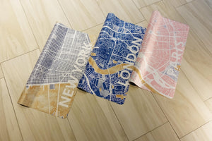 YOGASANA 1mm Yoga Mats featuring New York, London, and Paris map designs, showcasing the dual-purpose towel-like surface for versatile practice.