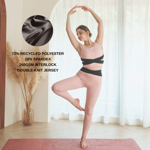 YOGASANA activewear made with 72% recycled polyester and 28% spandex, 260gsm interlock double-knit jersey for premium comfort and support.